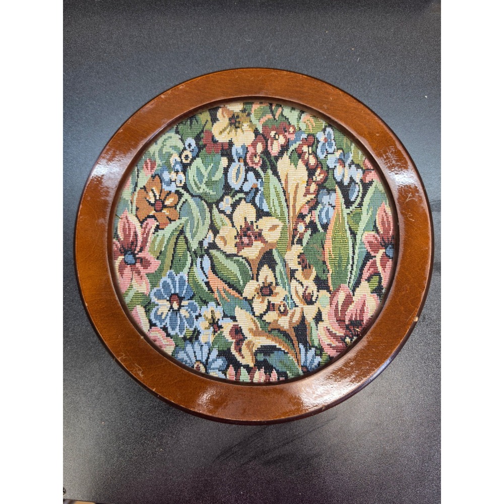 Vintage Floral Needlepoint Round Wood Frame Wall Decor Footstool Top 11.25 inch